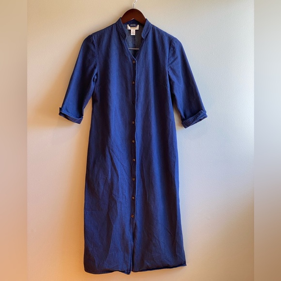 Talbots Cotton Dark Blue Washed Denim Dress Size 4 Petite Button Up Detail Long - Picture 2 of 9